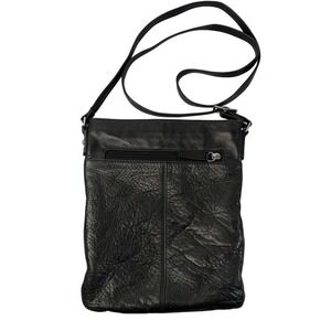 Margot Leather Crossbody‎ Bag Black Pebbled Curved Pocket Silver Hardware